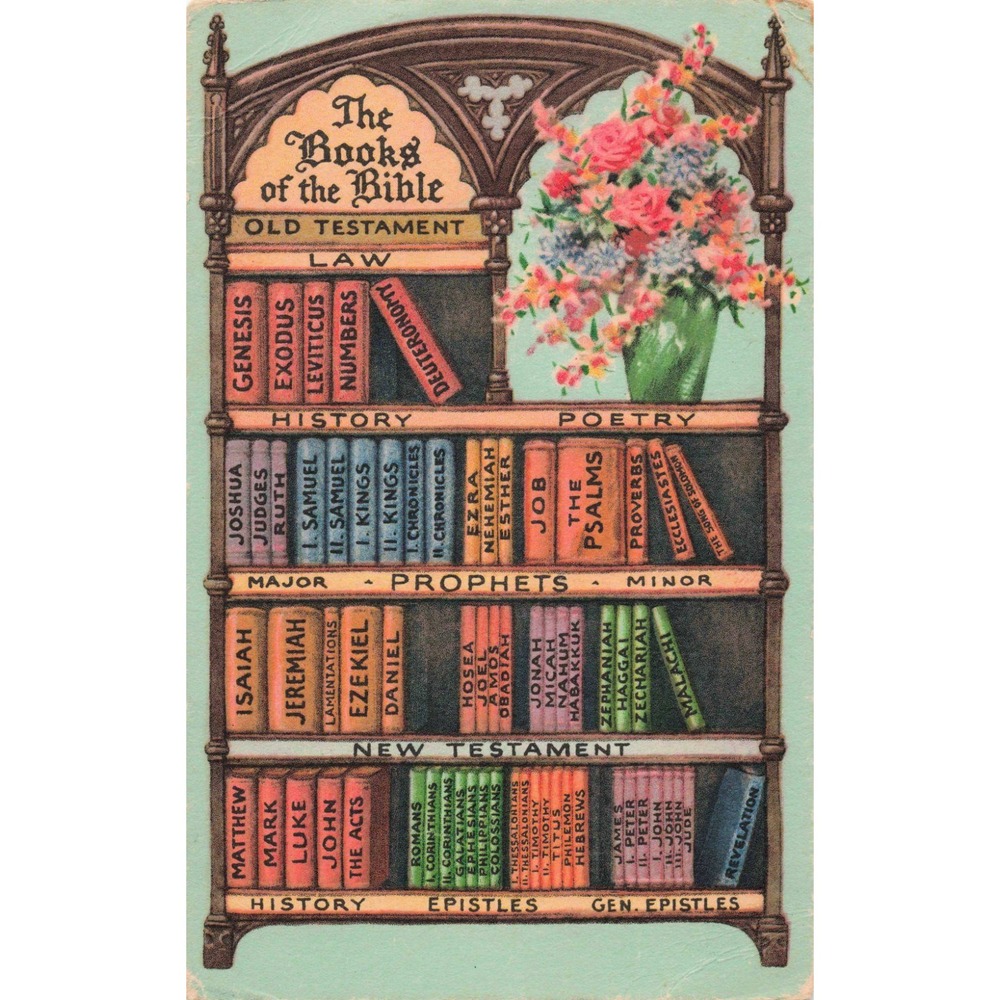 Vintage Books of the Bible Postcard Old New Testament Bookshelf Sunday School